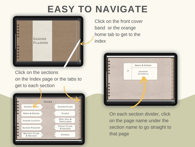 May include: A digital planner app interface with a brown cover and the text "GARDEN PLANNER". The app has a tabbed index with sections for seeds and sowing, garden layouts, garden finances, monthly plans and records, garden plans, plants, pest, soil and fertilizers, yearly plans and records, and a journal.