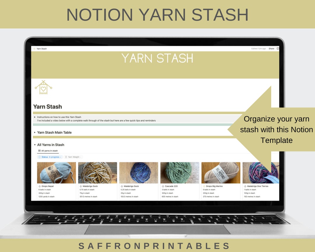 Notion Yarn Stash Inventory Template in a Green Aesthetic Etsy