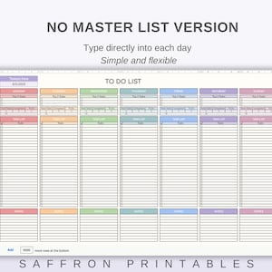 May include: A digital to-do list template with a colorful design. The template is divided into daily sections, each with space for tasks and notes. Text at the top reads "NO MASTER LIST VERSION" and "Type directly into each day". The bottom reads "SAFFRON PRINTABLES".