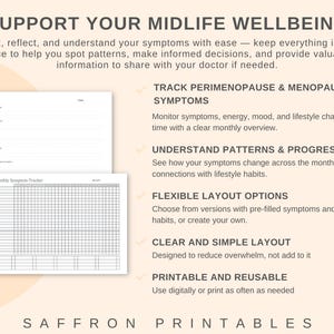 May include: A printable journal and symptom tracker with the text "SUPPORT YOUR MIDLIFE WELLBEING." The journal includes sections for tracking symptoms, energy, mood, and lifestyle changes. The tracker has a grid layout for monthly symptom monitoring.