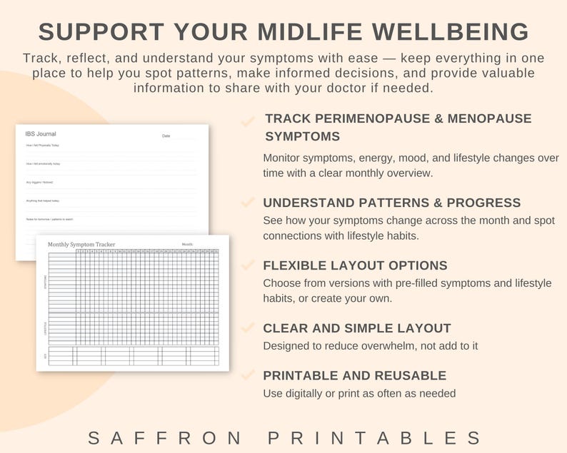 May include: A printable journal and symptom tracker with the text "SUPPORT YOUR MIDLIFE WELLBEING." The journal includes sections for tracking symptoms, energy, mood, and lifestyle changes. The tracker has a grid layout for monthly symptom monitoring.