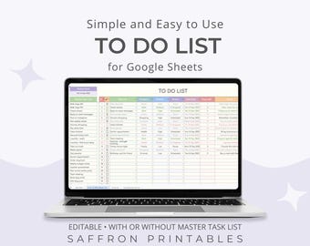May include: A laptop displaying a "TO DO LIST" spreadsheet for Google Sheets. The screen shows a detailed task list with columns for priority, due date, and status. Text at the top reads "Simple and Easy to Use TO DO LIST for Google Sheets."