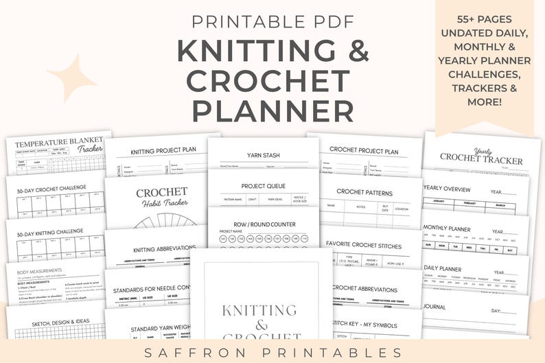 Printable knitting journal and crochet project planner with 55+ pages for projects, yarn stash, needles, patterns, and notes. Includes knitting row counter, undated planner pages plus project sheets, progress trackers, stash logs, and space for ideas and designs in A4, US Letter, and A5 sizes.