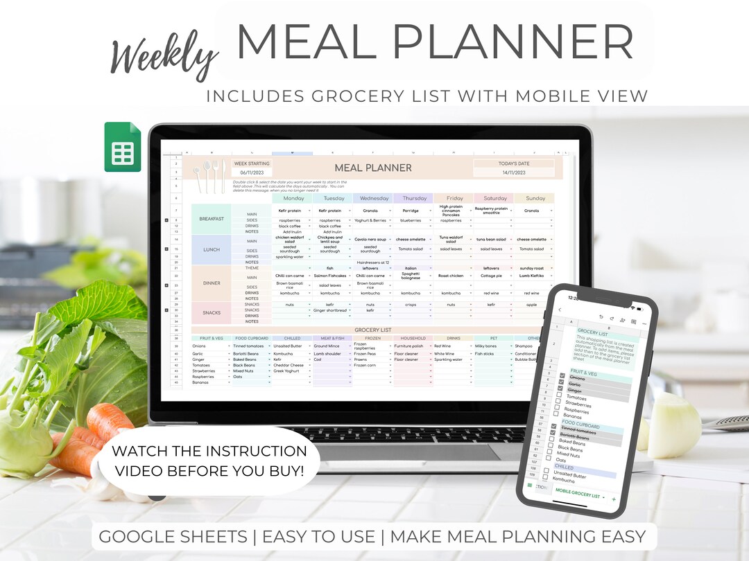 Weekly Meal Planner With Grocery List for Google Sheets (digital ...