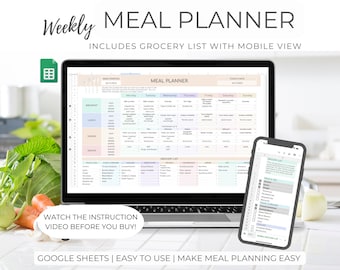 Google スプレッドシート用の食料品リスト付き週間食事プランナー（デジタルダウンロード）
