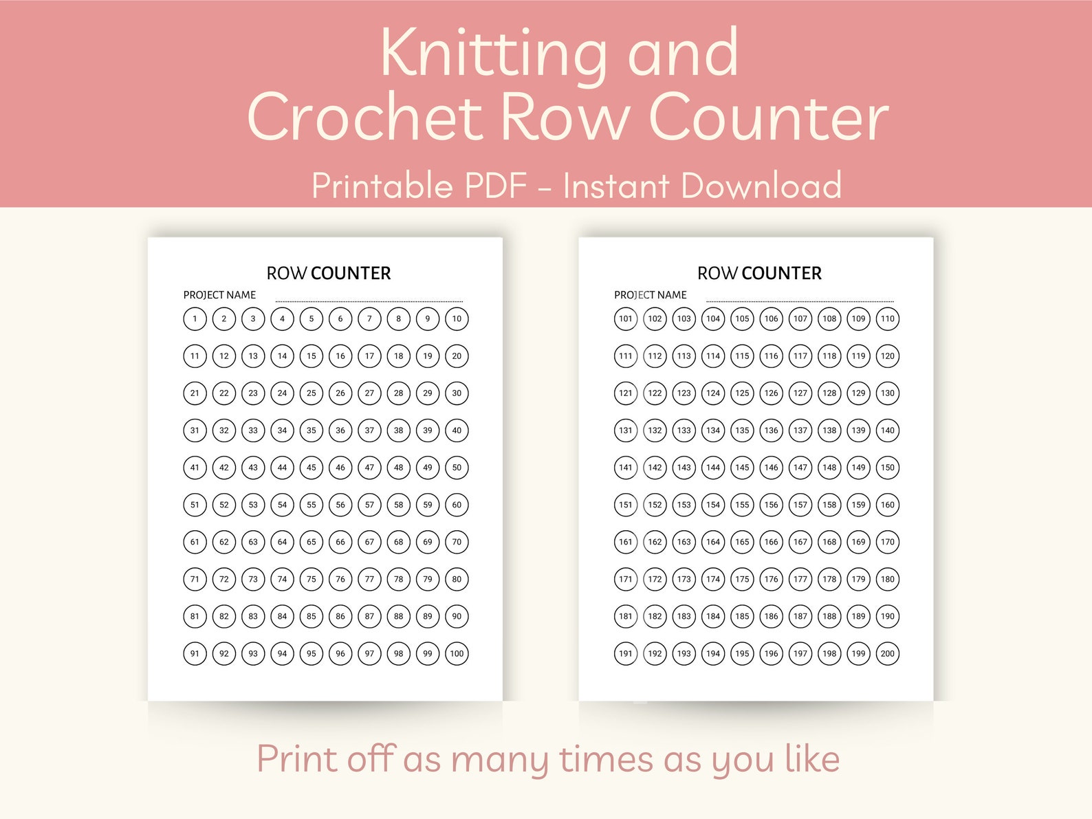 Printable Row Counter for Knitting and Crochet. Printable PDF With ...