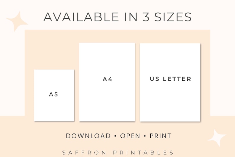 Image showing three paper sizes labeled A5, A4, and US Letter with the heading “Available in 3 Sizes.” Below, text reads “Download • Open • Print – Saffron Printables.” Soft neutral background in peach and cream tones. This graphic illustrates that the printable Crochet and Knitting Planner is available in multiple standard sizes for easy home printing and crafting organization.