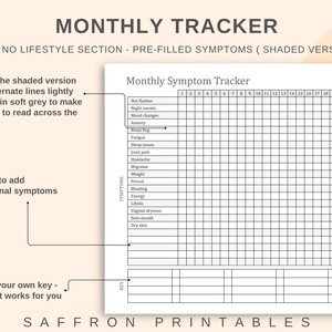May include: A printable monthly symptom tracker with pre-filled symptoms, shaded in soft grey for easy reading. Includes space to add additional symptoms and create a custom key. The text "MONTHLY TRACKER" is at the top.