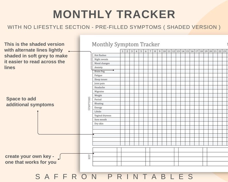 May include: A printable monthly symptom tracker with pre-filled symptoms, shaded in soft grey for easy reading. Includes space to add additional symptoms and create a custom key. The text "MONTHLY TRACKER" is at the top.