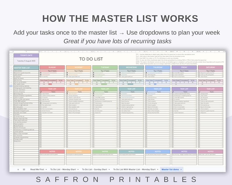 May include: A digital to-do list template with a grid layout, featuring sections for each day of the week. The template includes the text "TO DO LIST" and instructions on how to use it. The template is from Saffron Printables.