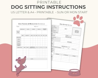 Puede incluir: Instrucciones imprimibles para el cuidado de perros, que incluyen un programa de alimentación y medicación y notas para el cuidador. Los documentos son de tamaño US Letter y A4, con opciones para comenzar el domingo o el lunes. Se incluye una ilustración de perro rosa y una huella de pata.