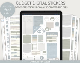 May include: A digital sticker book for Goodnotes with over 350 budget-themed stickers. The stickers are in shades of gray and blue and feature various shapes, icons, and text boxes. The text "BUDGET DIGITAL STICKERS" is at the top of the image. The text "GOODNOTES STICKER BOOK & PRE-CROPPED PNG FILES" is below the title. The text "SAFFRONPRINTABLES" is at the bottom of the image.