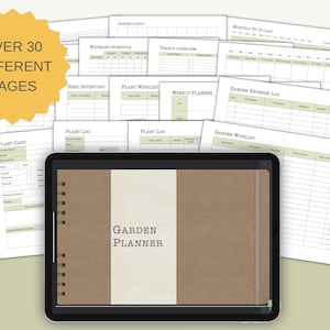 May include: A digital planner for gardening with over 30 different pages. The pages include a garden layout, watering schedule, plant log, weekly planner, garden wishlist, and more. The planner is displayed on a tablet with a brown cover.
