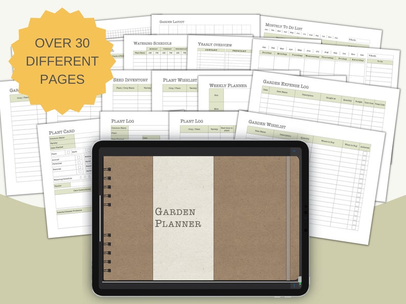 May include: A digital planner for gardening with over 30 different pages. The pages include a garden layout, watering schedule, plant log, weekly planner, garden wishlist, and more. The planner is displayed on a tablet with a brown cover.