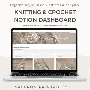May include: A laptop displays a Notion dashboard for knitting and crochet projects. The screen shows a planner interface with sections for projects, yarn, and patterns. Text on the screen reads "Knitting & Crochet Planner." The image also includes the text "Organize project, stash & patterns in one place."