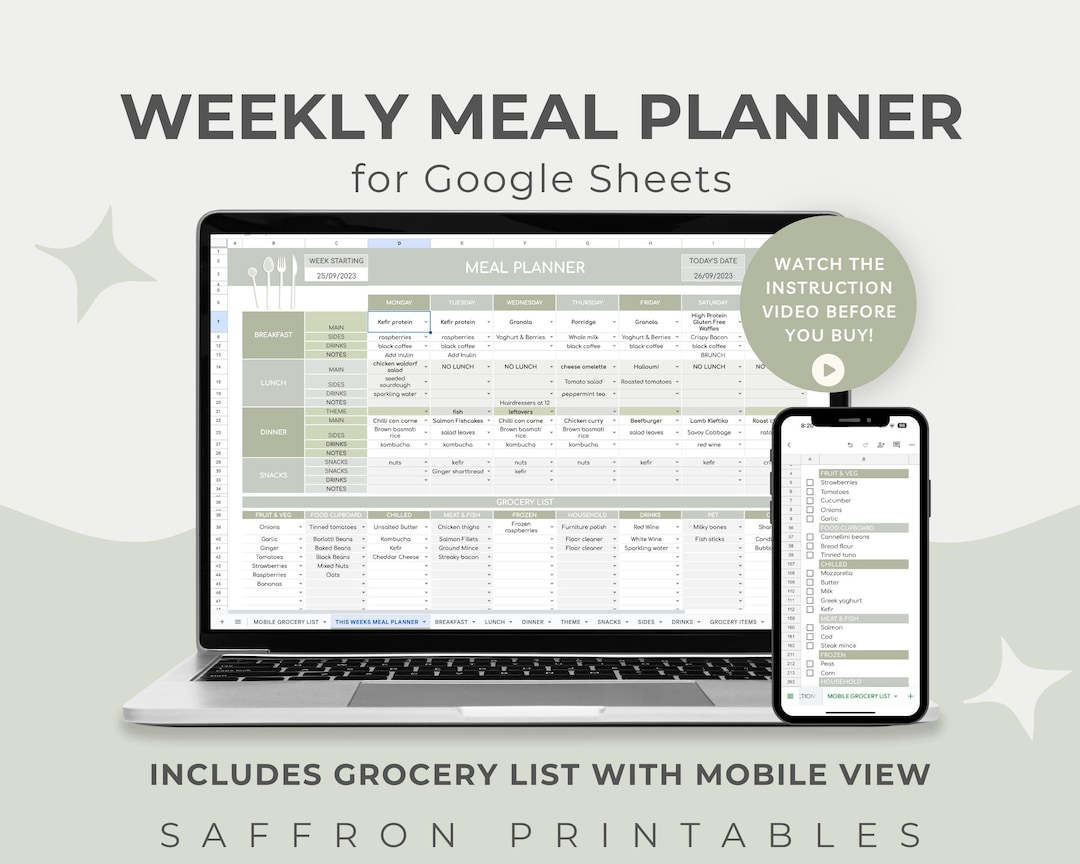 Google Sheets Meal Planner Template | Weekly Menu, Grocery List & Meal ...