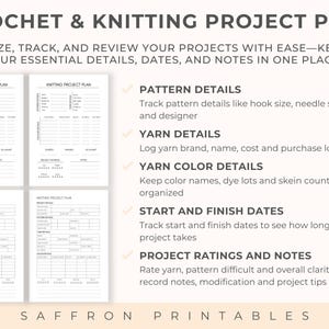 Instructional image explaining how the crochet and knitting project plan pages work. Example pages show spaces for pattern details, yarn details, colour details, start and finish dates, and project ratings. Benefits highlighted include tracking hook and needle size, logging yarn brands, recording colour names, and rating patterns for future use.