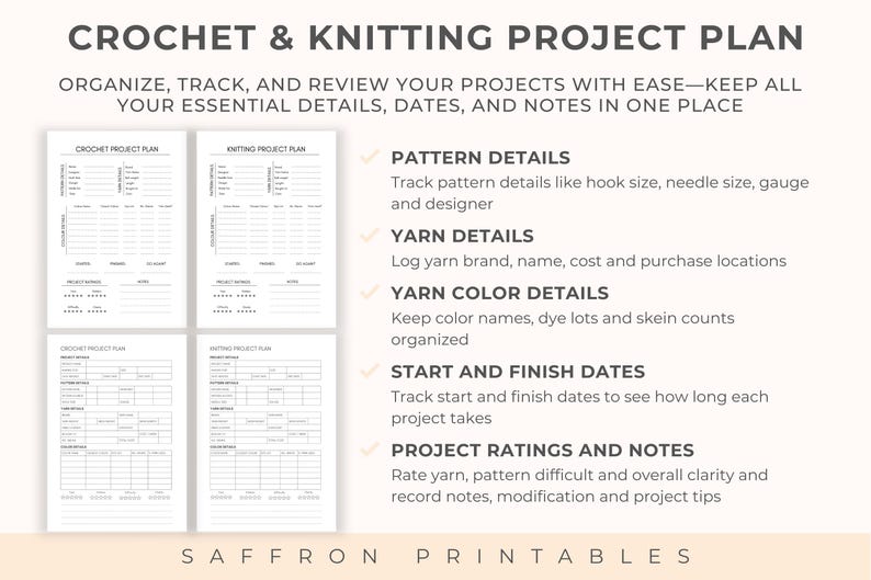 Instructional image explaining how the crochet and knitting project plan pages work. Example pages show spaces for pattern details, yarn details, colour details, start and finish dates, and project ratings. Benefits highlighted include tracking hook and needle size, logging yarn brands, recording colour names, and rating patterns for future use.