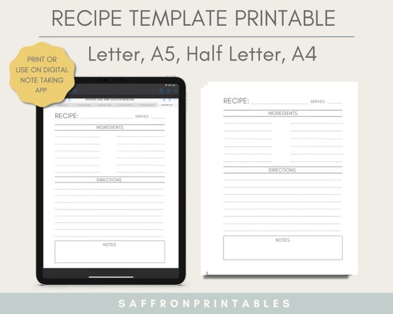 Printable Recipe Cards in Letter A4 A5 Half Letter Size. | Etsy