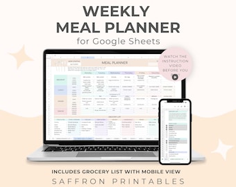 Meal Planner Google Sheets with Grocery List | Editable Weekly Menu Planning Spreadsheet Template for Meal Prep and Family Food Organization