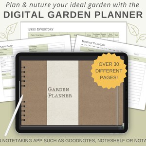 May include: A digital garden planner with over 30 pages, including a seed inventory, monthly to-do list, and plant cards. The planner is designed to be used in note-taking apps such as Goodnotes, Noteshelf, or Notability.