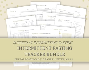 Intermittent fasting tracker printable, with weekly & monthly fasting logs, meal planners, grocery lists, weight and measurement trackers