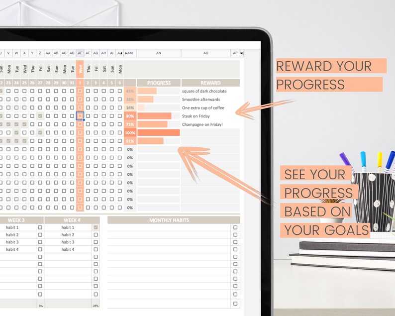 Habit tracker google sheet spreadsheet clean neutral aesthetic simple