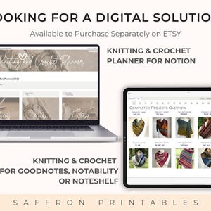 Promotional image showing digital versions of the knitting and crochet planner available for Notion, Goodnotes, Notability, and Noteshelf. Laptop screen displays the Notion planner dashboard with sections for projects, yarn, and patterns. Tablet screen shows completed project gallery with knitting photos.