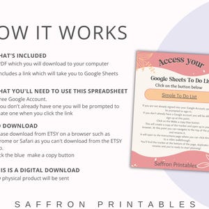 May include: A digital download guide titled "How It Works" with instructions for accessing a Google Sheets To Do List. The guide includes a PDF download, Google Account requirements, and download instructions from Etsy.