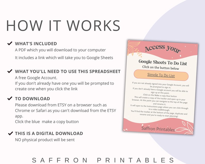 May include: A digital download guide titled "How It Works" with instructions for accessing a Google Sheets To Do List. The guide includes a PDF download, Google Account requirements, and download instructions from Etsy.