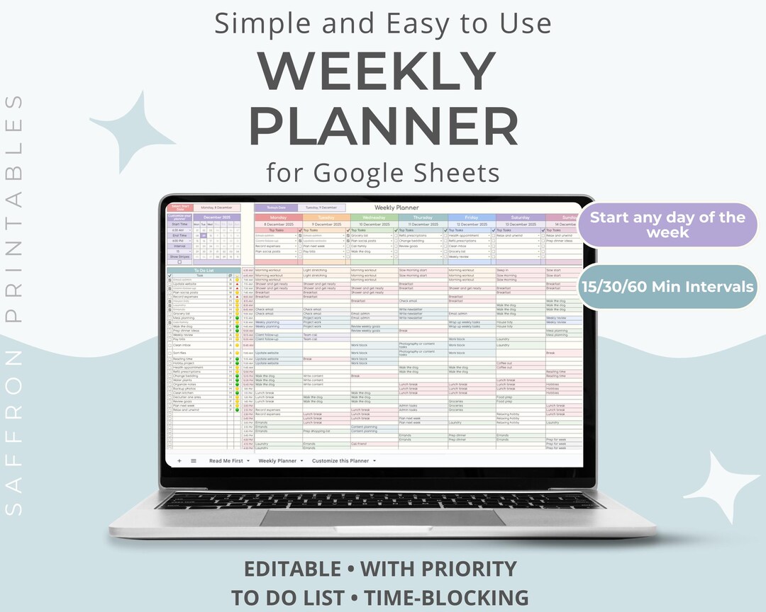 Weekly Planner Google Sheets - Simple, Editable Time Blocking ...