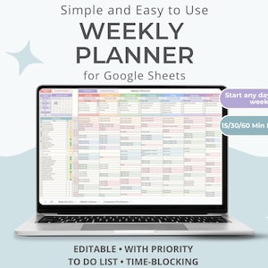Puede incluir: Un ordenador portátil muestra una plantilla de planificador semanal para Google Sheets. La pantalla muestra una cuadrícula colorida con espacios de tiempo y secciones de lista de tareas. El texto en la pantalla dice "Weekly Planner" y "Start any day of the week." El texto adicional incluye "Editable with Priority To Do List Time-Blocking."