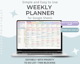 May include: A laptop displaying a weekly planner template for Google Sheets. The screen shows a colorful, organized schedule with time slots and to-do lists. Text on the screen includes "Start any day of the week" and "15/30/60 Min Intervals."