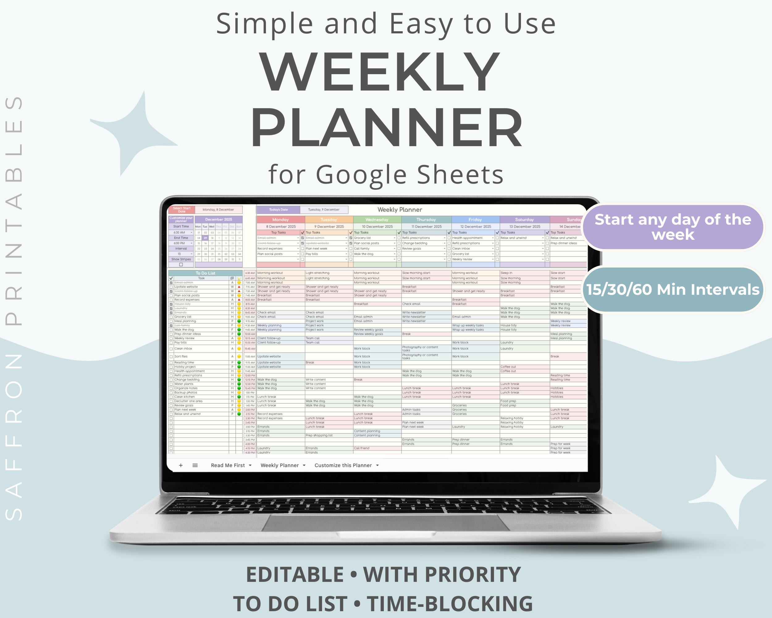 Weekly Planner Google Sheets - Simple, Editable Time Blocking ...
