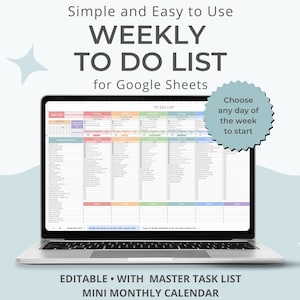 Könnte beinhalten: Ein Laptop zeigt eine digitale Wochen-To-Do-Listen-Vorlage für Google Sheets. Der Bildschirm zeigt ein farbenfrohes, organisiertes Layout mit Abschnitten für Aufgaben und einen Mini-Monatskalender. Der Text auf dem Bildschirm lautet "WEEKLY TO DO LIST" und "Choose any day of the week to start."