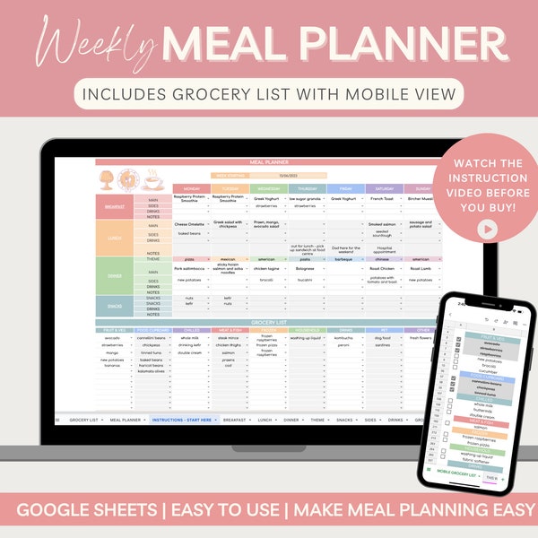 Weekly Meal Planner for Google Sheets, Meal Plan Template, Digital Meal Planner, Meal Planning, Menu Plan, Grocery Shopping List