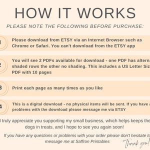 May include: A beige digital download guide titled "HOW IT WORKS" with numbered steps. The text explains how to download the PDF files from Etsy, including details about the files and printing instructions. The guide ends with a thank you message.