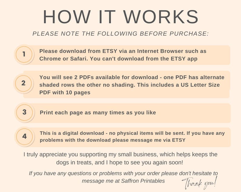 May include: A beige digital download guide titled "HOW IT WORKS" with numbered steps. The text explains how to download the PDF files from Etsy, including details about the files and printing instructions. The guide ends with a thank you message.