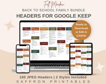 Fall Google Keep Headers: 100 Family Organizer Labels (JPEG & Canva Editable)