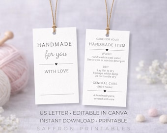 Etiquetas de cuidado imprimibles hechas a mano • Tarjetas con instrucciones de lavado • Plantilla editable de Canva