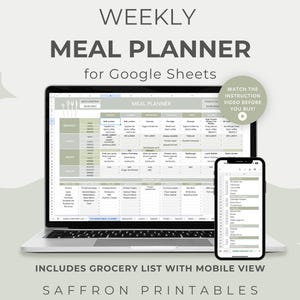 Weekly Meal Planner for Google Sheets | Pastel Green Template with Grocery List