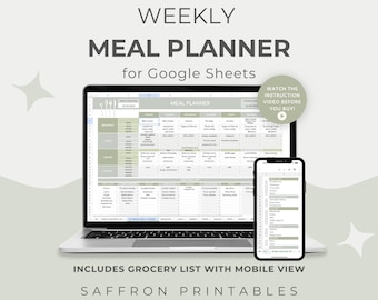 Weekly Meal Planner for Google Sheets | Pastel Green Template with Grocery List