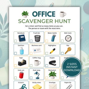 May include: A printable office scavenger hunt game sheet featuring a grid of twenty items to find, including a notebook, trash bin, water bottle, wall clock, sanitizer, business card, highlighter, key, tape, coffee mug, stapler, sunglasses, soda can, desk lamp, desk plant, scissors, sticky notes, envelope, and paperclip.