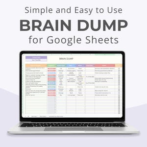 Puede incluir: Una computadora portátil muestra una hoja de cálculo titulada "BRAIN DUMP" para Google Sheets. La pantalla muestra una tabla colorida con varias columnas y filas. También se ve el texto "Simple and Easy to Use" y "SAFFRON PRINTABLES".