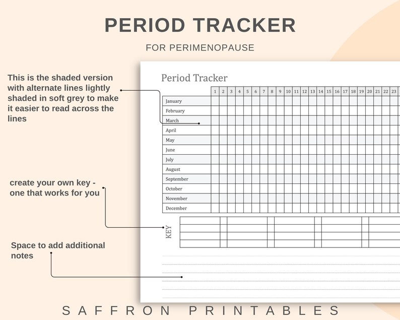 May include: A printable period tracker for perimenopause. The design features a grid layout with months and dates, with shaded lines for easy reading. Includes space for notes and a key. The text reads "Period Tracker" and "Saffron Printables."