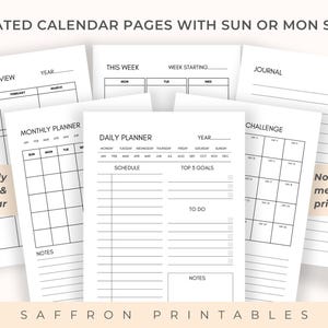 Image showing undated calendar pages from the knitting and crochet planner. Includes yearly overview, monthly planner, daily planner, 30-day crochet challenge, and journal page. Text highlights that the pages are reusable with Monday or Sunday start dates.