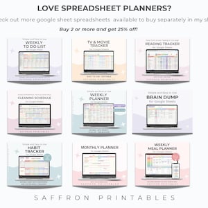 May include: A promotional image featuring nine digital spreadsheet templates for Google Sheets. The templates include Weekly To Do List, TV & Movie Tracker, Reading Tracker, Cleaning Schedule, Weekly Planner, Brain Dump, Habit Tracker, Monthly Planner, and Weekly Meal Planner.