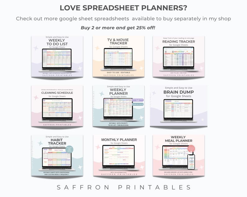 May include: A promotional image featuring nine digital spreadsheet templates for Google Sheets. The templates include Weekly To Do List, TV & Movie Tracker, Reading Tracker, Cleaning Schedule, Weekly Planner, Brain Dump, Habit Tracker, Monthly Planner, and Weekly Meal Planner.