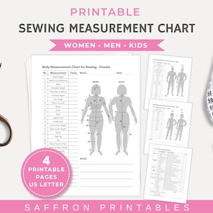 Sewing Measurement Chart Printable PDF | Record Dressmaking Sizes | Women, Men & Kids