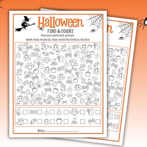 May include: A Halloween find and count activity sheet featuring black and white line art illustrations of ghosts, pumpkins, bats, spiders, and candy. The page includes the text Halloween FIND & COUNT and boxes to record totals for each item type.